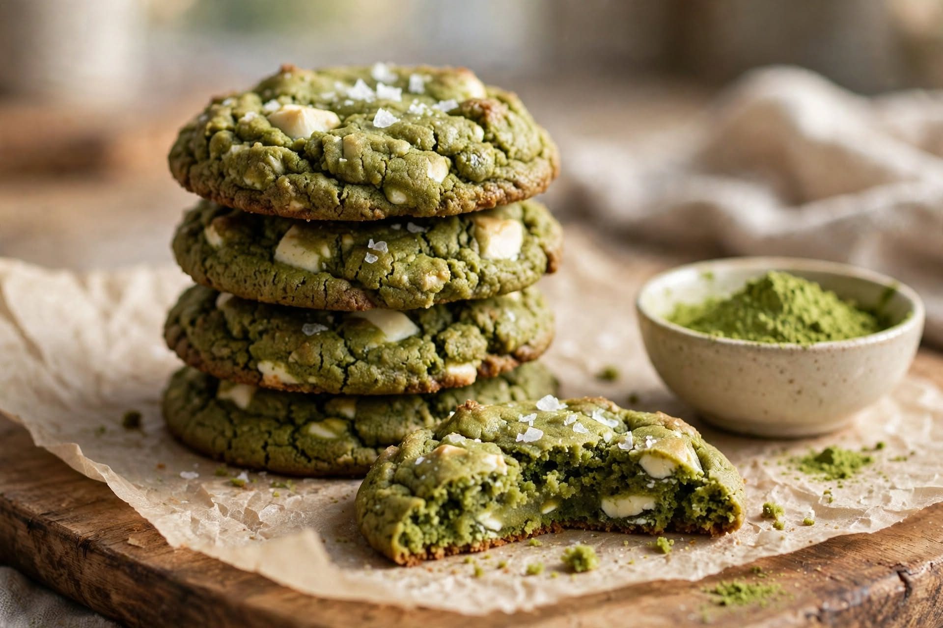 Brown butter matcha cookies with white chocolate and sea salt