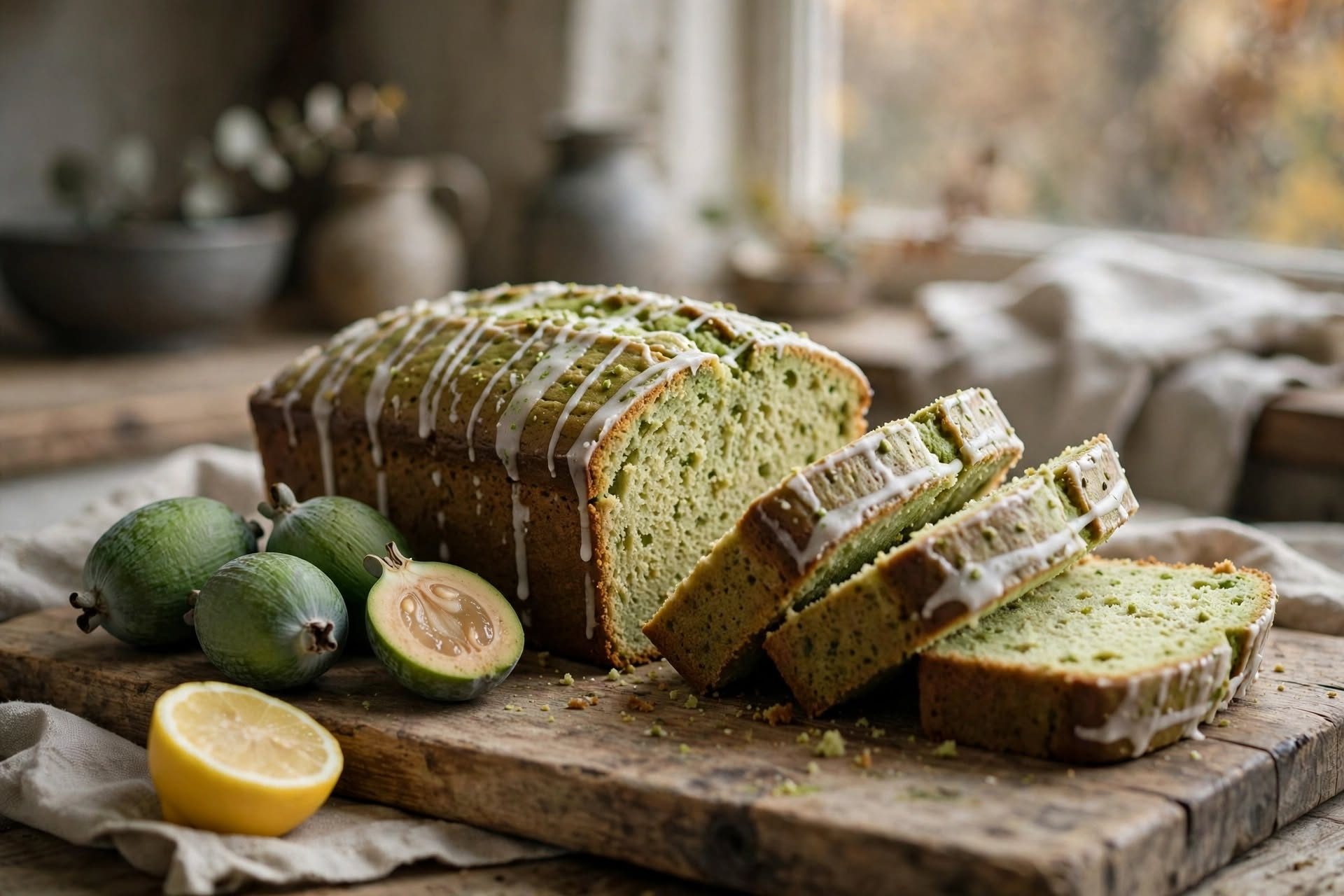 Feijoa and matcha loaf with lemon glaze