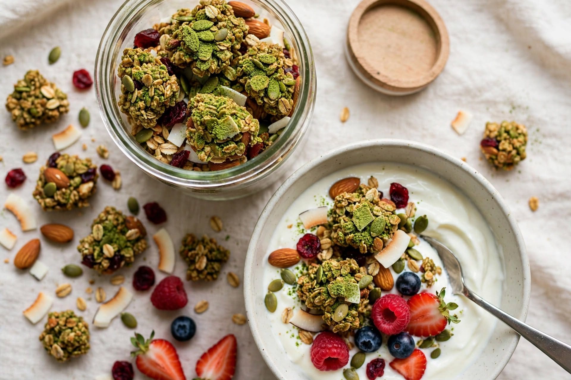 Crunchy matcha granola clusters