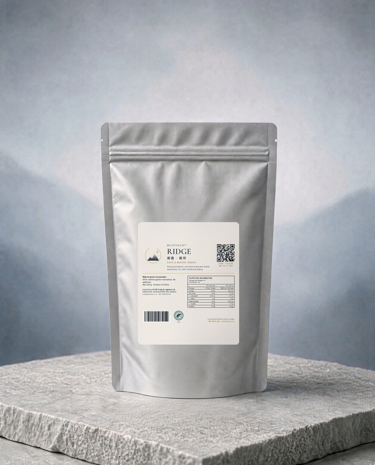 Hero pack shot of the Ridge 250 g foil pouch, matching mist-blue backdrop