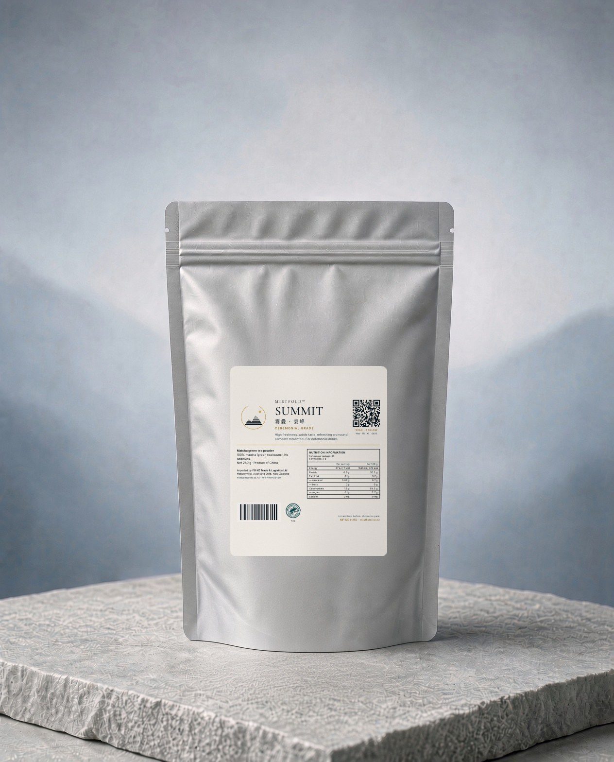 Hero pack shot of the Summit 250 g foil pouch, matching mist-blue backdrop