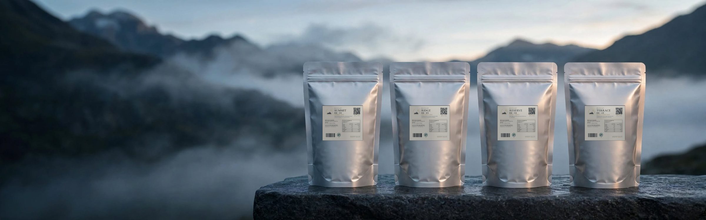 Four foil pouches lined up on stone, mist rising behind, low angle